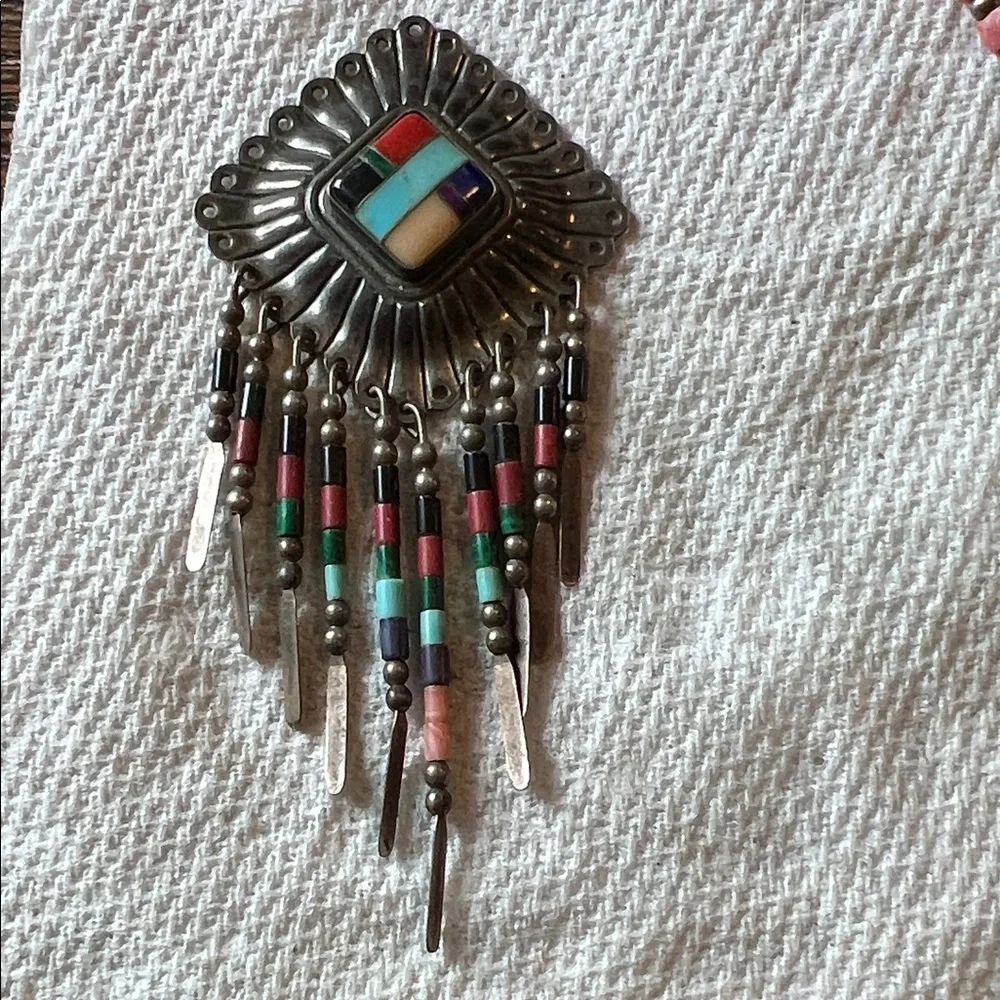 Stamped Sterling Southwest inlay QT Heishi pendant turquoise coral onyx